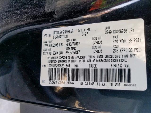 1D7HU18297S231048 - 2007 DODGE RAM 1500 S BLACK photo 10