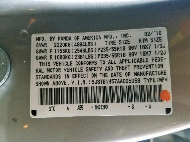 5J8TB1H57AA005058 - 2010 ACURA RDX TECHNO SILVER photo 10