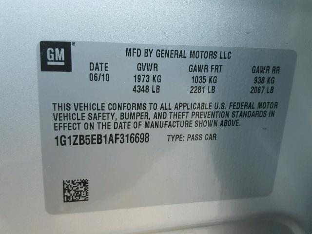 1G1ZB5EB1AF316698 - 2010 CHEVROLET MALIBU LS SILVER photo 10