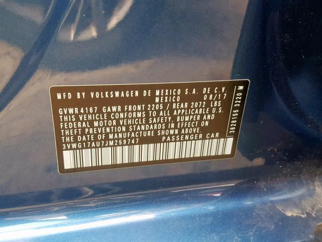 3VWG17AU7JM259747 - 2018 VOLKSWAGEN GOLF S BLUE photo 10