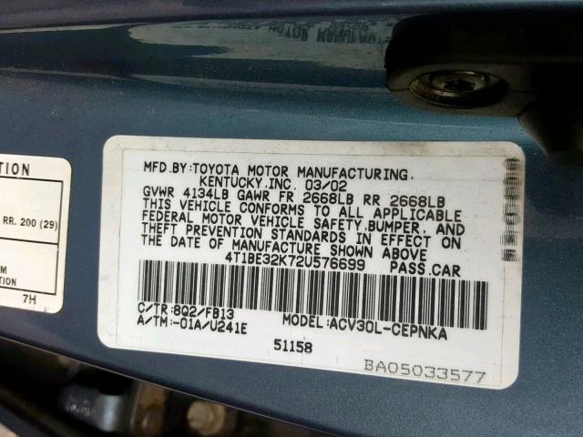 4T1BE32K72U576699 - 2002 TOYOTA CAMRY LE BLUE photo 10