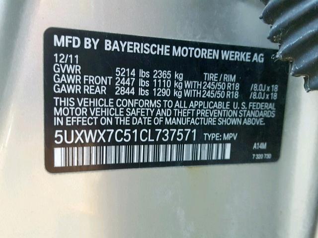 5UXWX7C51CL737571 - 2012 BMW X3 XDRIVE3 GOLD photo 10