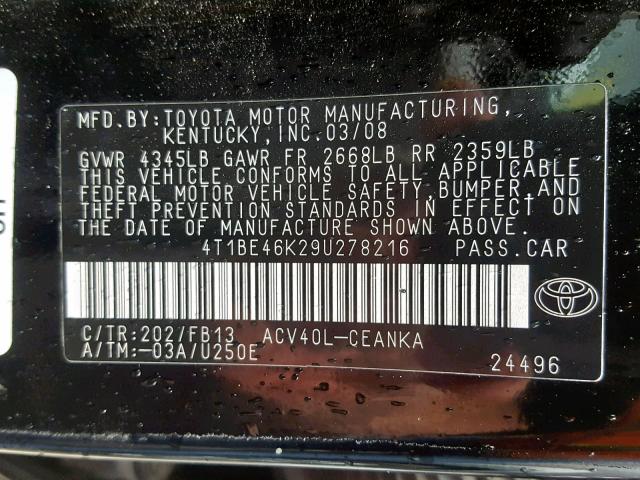 4T1BE46K29U278216 - 2009 TOYOTA CAMRY BASE BLACK photo 10