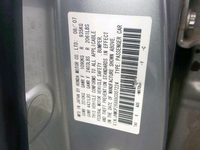 JHMCP26888C007224 - 2008 HONDA ACCORD EXL SILVER photo 10