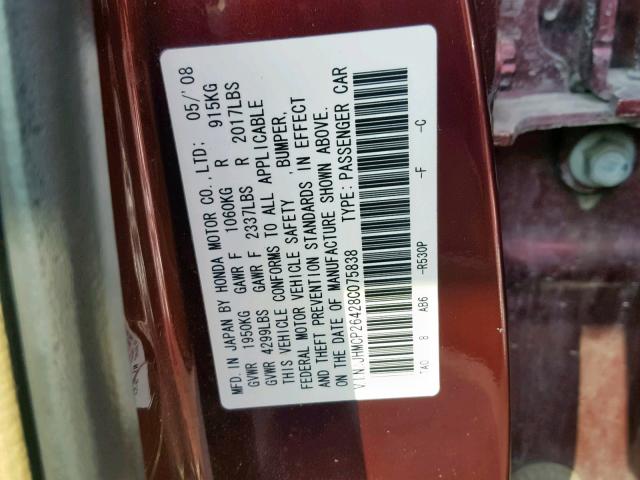 JHMCP26428C075838 - 2008 HONDA ACCORD LXP BURGUNDY photo 10