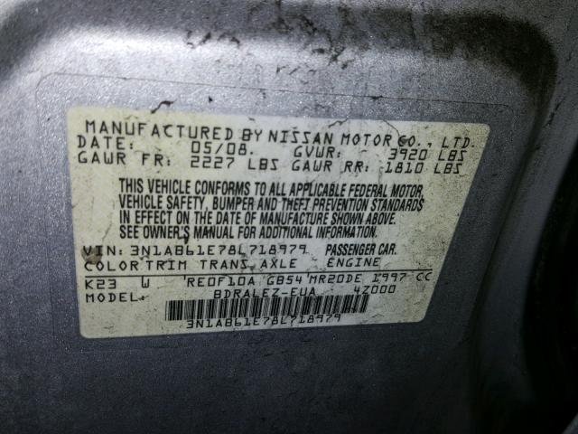 3N1AB61E78L718979 - 2008 NISSAN SENTRA 2.0 SILVER photo 10