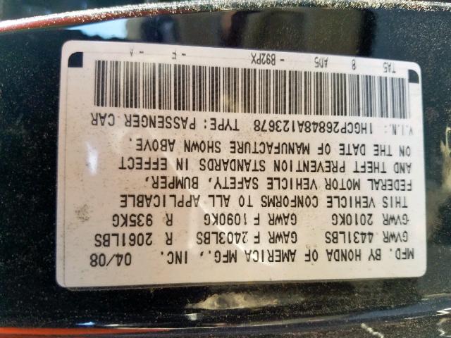 1HGCP26848A123678 - 2008 HONDA ACCORD EXL BLACK photo 10