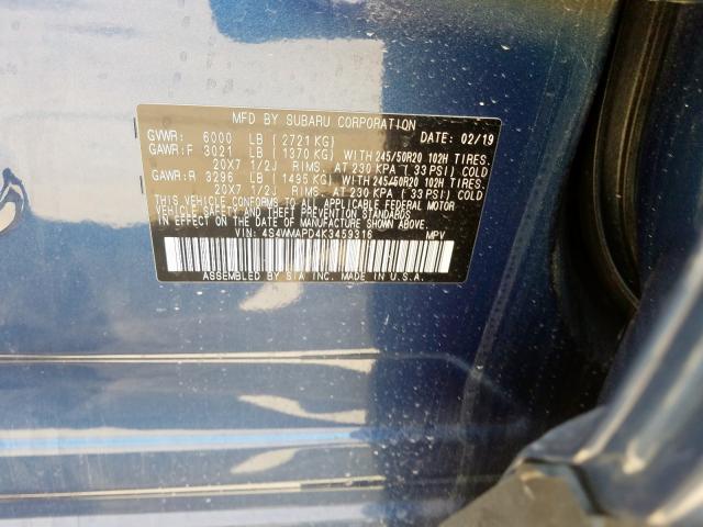 4S4WMAPD4K3459316 - 2019 SUBARU ASCENT LIM BLUE photo 10