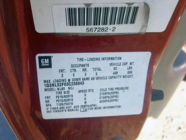 1G3NL52F63C236943 - 2003 OLDSMOBILE ALERO GL BURGUNDY photo 10