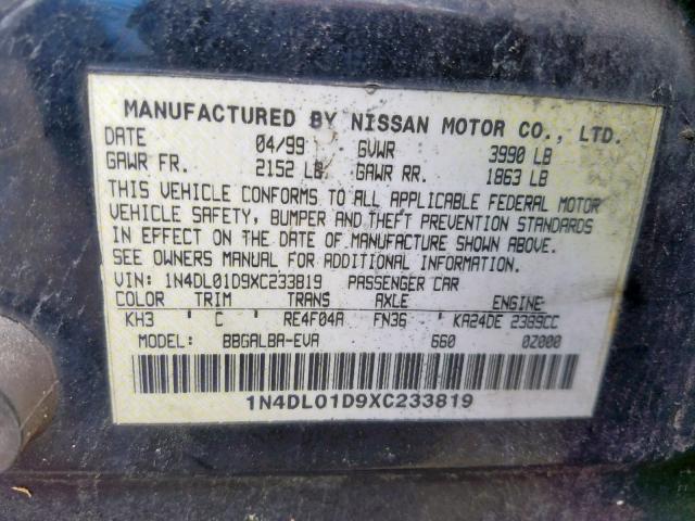 1N4DL01D9XC233819 - 1999 NISSAN ALTIMA XE BLACK photo 10