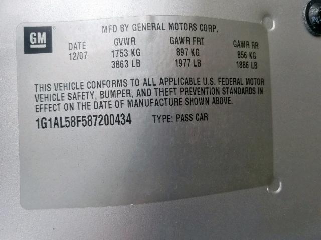 1G1AL58F587200434 - 2008 CHEVROLET COBALT LT SILVER photo 10