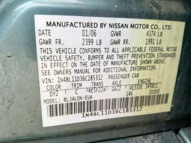 1N4BL11D36C185312 - 2006 NISSAN ALTIMA SE GREEN photo 10