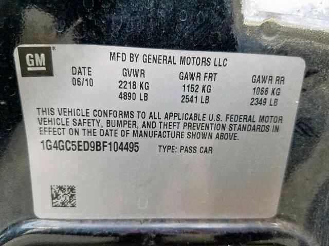 1G4GC5ED9BF104495 - 2011 BUICK LACROSSE C BLACK photo 10