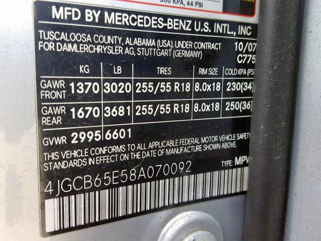 4JGCB65E58A070092 - 2008 MERCEDES-BENZ R 350 SILVER photo 10