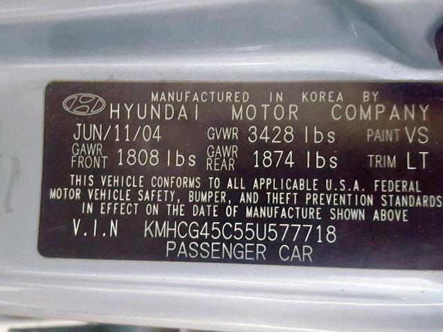 KMHCG45C55U577718 - 2005 HYUNDAI ACCENT GL BLUE photo 10