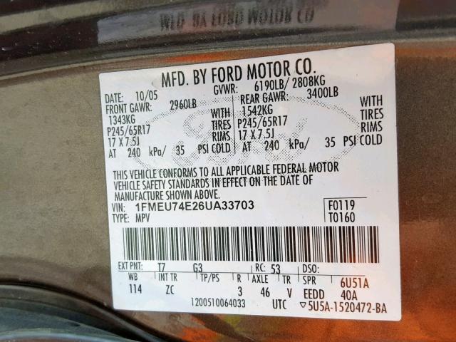 1FMEU74E26UA33703 - 2006 FORD EXPLORER E BROWN photo 10