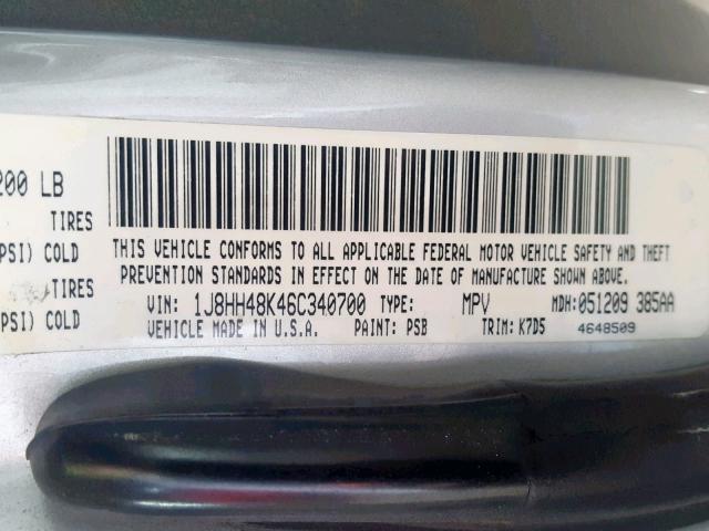 1J8HH48K46C340700 - 2006 JEEP COMMANDER ნაცრისფერი ფოტო 10