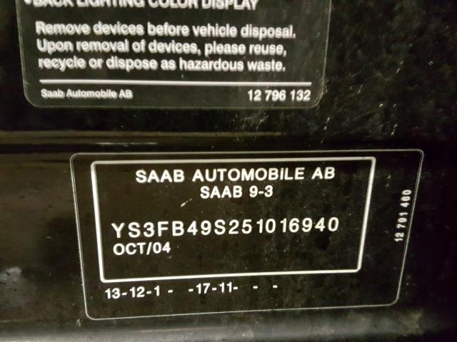 YS3FB49S251016940 - 2005 SAAB 9-3 LINEAR BLACK photo 10