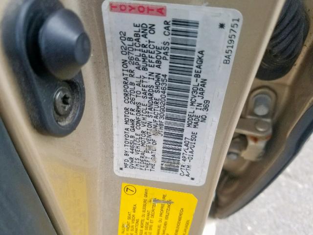 JTHBF30G020046354 - 2002 LEXUS ES 300 GOLD photo 10