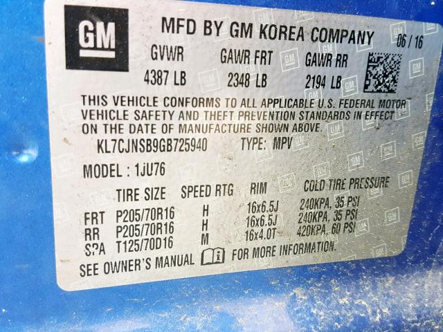 KL7CJNSB9GB725940 - 2016 CHEVROLET TRAX LS BLUE photo 10