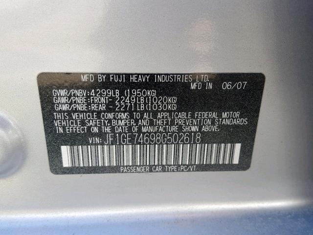 JF1GE74698G502618 - 2008 SUBARU IMPREZA WR SILVER photo 10