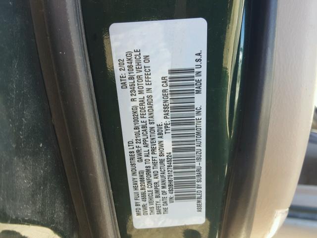 4S3BH675127645224 - 2002 SUBARU LEGACY OUT GREEN photo 10