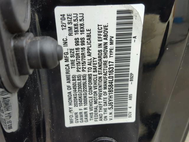 5J6YH18584L016317 - 2004 HONDA ELEMENT EX BLACK photo 10