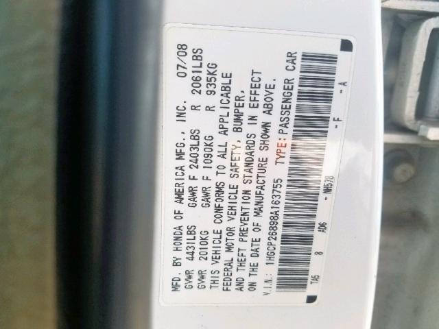 1HGCP26898A163755 - 2008 HONDA ACCORD EXL WHITE photo 10