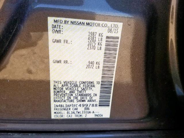 1N4BL3AP3FC499788 - 2015 NISSAN ALTIMA 3.5 GRAY photo 10