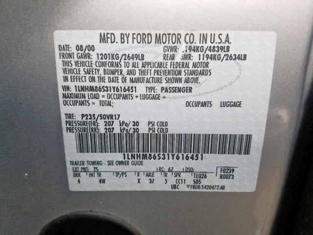 1LNHM86S31Y616451 - 2001 LINCOLN LS 银色 照片 10