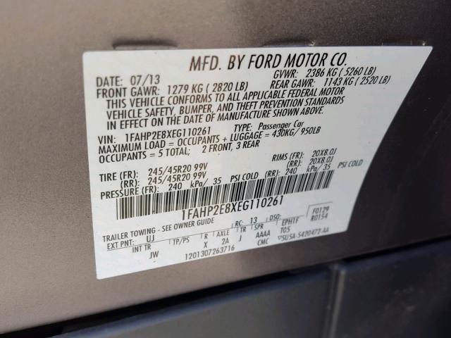 1FAHP2E8XEG110261 - 2014 FORD TAURUS SEL GRAY photo 10