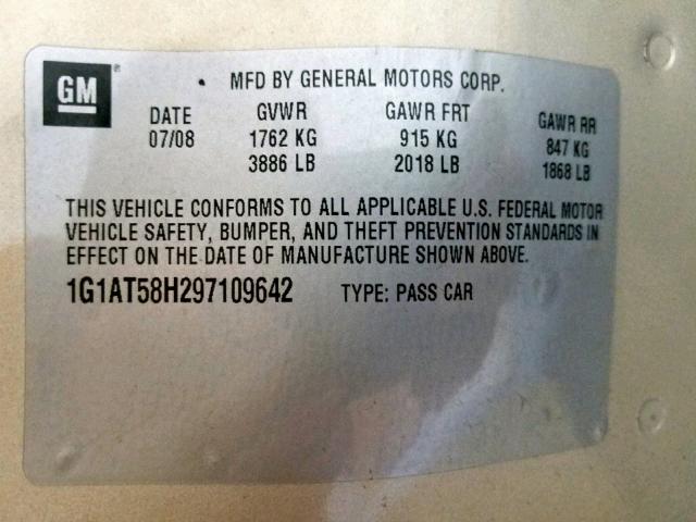 1G1AT58H297109642 - 2009 CHEVROLET COBALT LT SILVER photo 10