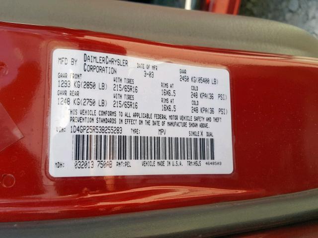 1D4GP25R53B255283 - 2003 DODGE CARAVAN SE RED photo 10