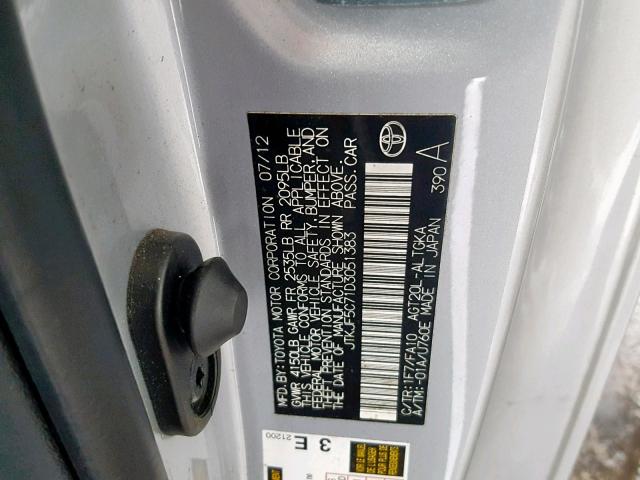 JTKJF5C71D3051383 - 2013 TOYOTA SCION TC ვერცხლისფერი ფოტო 10