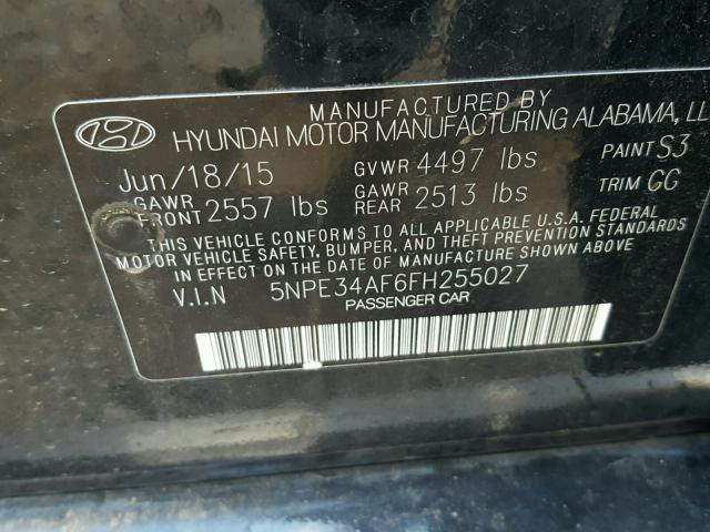 5NPE34AF6FH255027 - 2015 HYUNDAI SONATA SPO BLACK photo 10