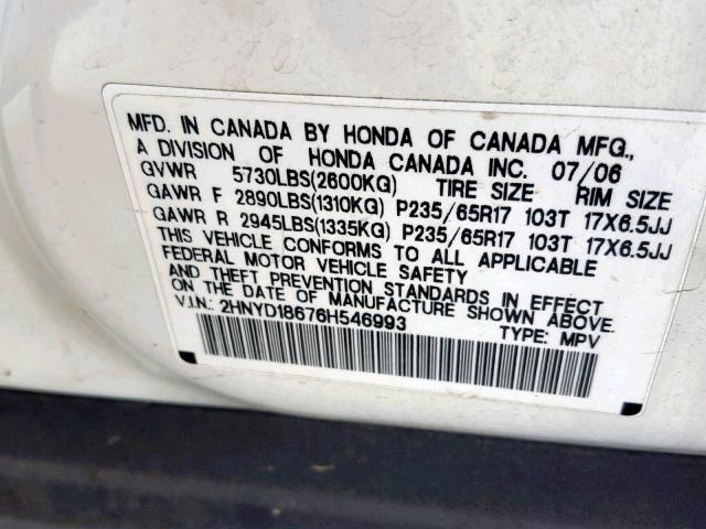 2HNYD18676H546993 - 2006 ACURA MDX TOURIN WHITE photo 10