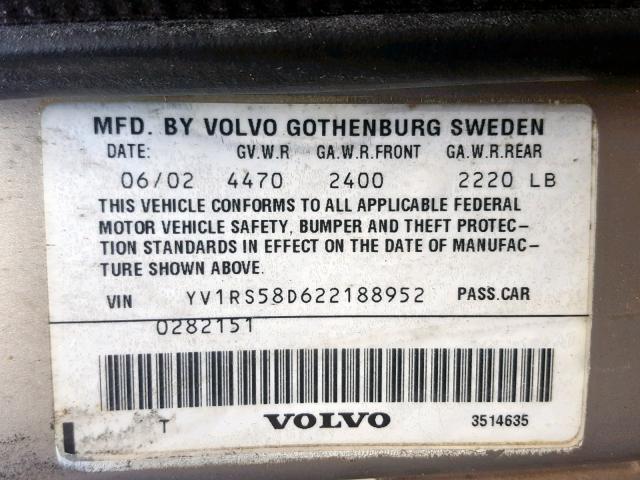 YV1RS58D622188952 - 2002 VOLVO S60 2.4T GOLD photo 10