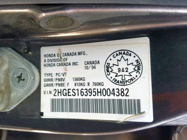 2HGES16395H004382 - 2005 HONDA CIVIC DX V GRAY photo 10