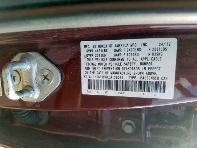 1HGCP2F8XCA138372 - 2012 HONDA ACCORD EXL MAROON photo 10