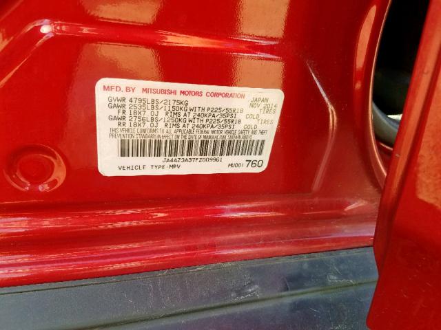 JA4AZ3A37FZ009961 - 2015 MITSUBISHI OUTLANDER RED photo 10