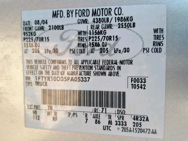1FTYR10D35PA05337 - 2005 FORD RANGER SILVER photo 10