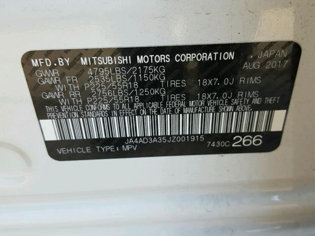 JA4AD3A35JZ001915 - 2018 MITSUBISHI OUTLANDER WHITE photo 10