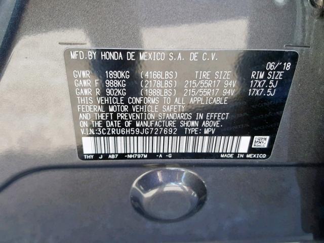 3CZRU6H59JG727692 - 2018 HONDA HR-V EX BLACK photo 10