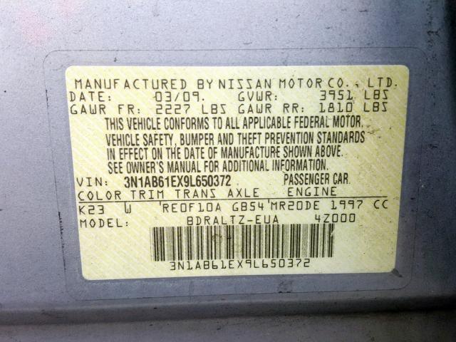 3N1AB61EX9L650372 - 2009 NISSAN SENTRA 2.0 SILVER photo 10