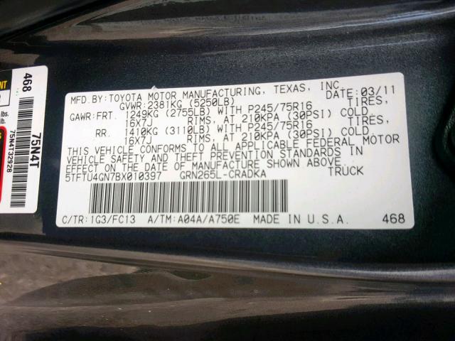 5TFTU4GN7BX010397 - 2011 TOYOTA TACOMA PRE GRAY photo 10