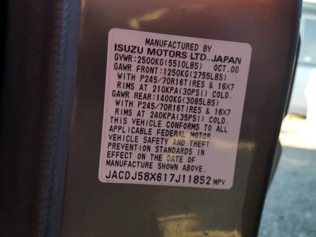 JACDJ58X617J11852 - 2001 ISUZU TROOPER S CHARCOAL photo 11