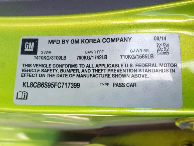 KL8CB6S95FC717399 - 2015 CHEVROLET SPARK LS GREEN photo 10