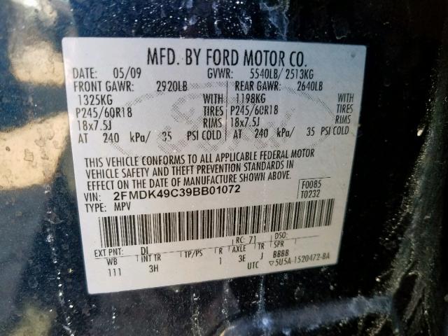 2FMDK49C39BB01072 - 2009 FORD EDGE LIMIT BEIGE photo 10