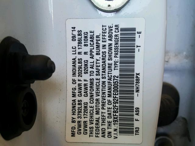 19XFB2F92FE000572 - 2015 HONDA CIVIC EXL WHITE photo 10