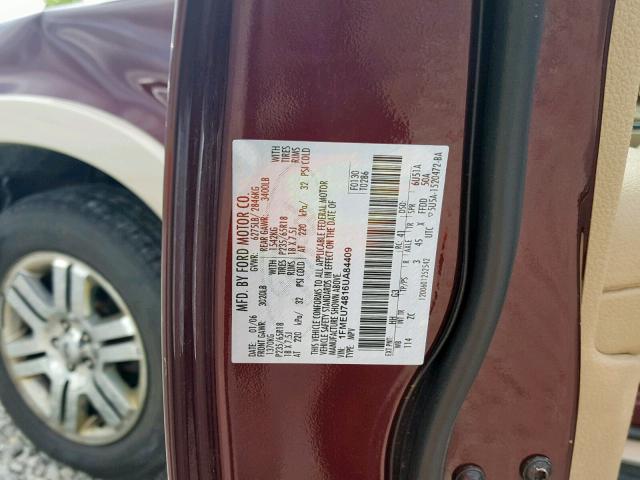 1FMEU74816UA84409 - 2006 FORD EXPLORER E BURGUNDY photo 10